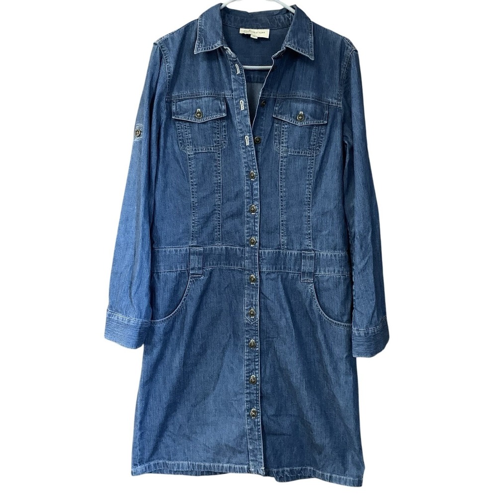 Denim Shirt Dress 10 Blue Button Front Long Sleeve Utility Jones New York